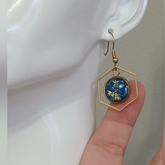 Boho Blue Gold Marble Artisan Geometric Elegant Drop Dangle Gold Tone Earrings - Picture 4 of 12